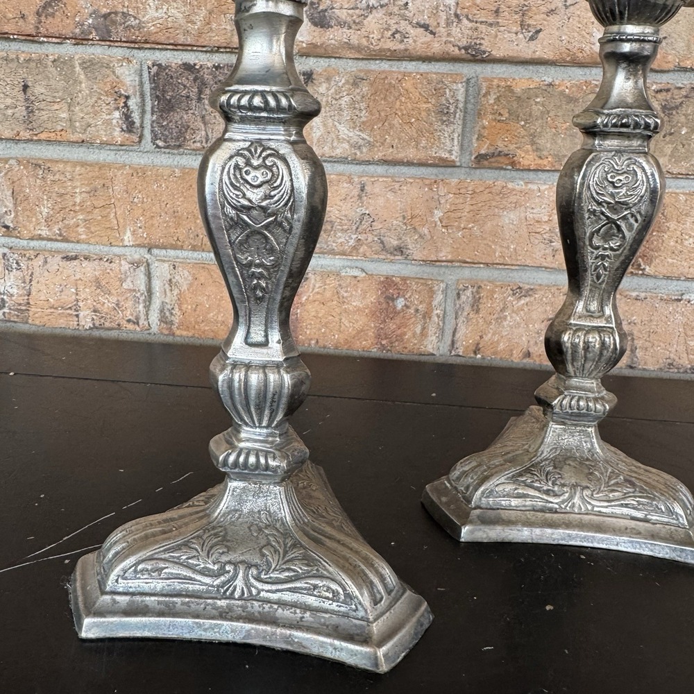 Vintage Ornate Metal Candlestick Holders Pair 9.5" Victorian Style Pewter Finish - Picture 5 of 8